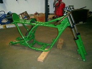 Brian's RD400 Project Cafe Racer Powder coated frame with forks